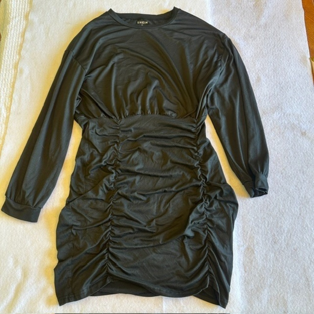 SHEIN Ruched Bodycon Mini Dress Black Long Sleeve XL Stretch Party Night Out